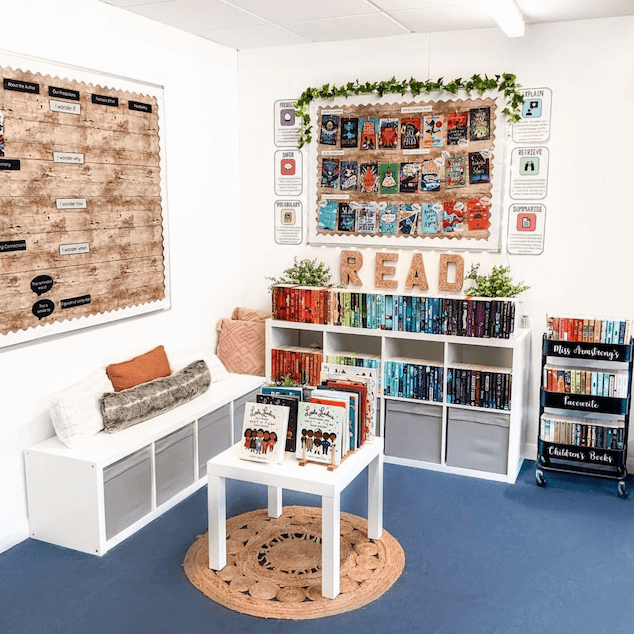 Instagram post of a reading corner with white furniture